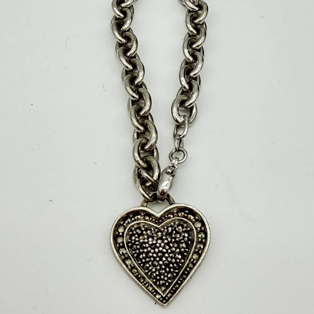 VTG‎ Sterling Silver Heart Charm Bracelet Marcasite Hallmarked Charm 26gr Sz6.5